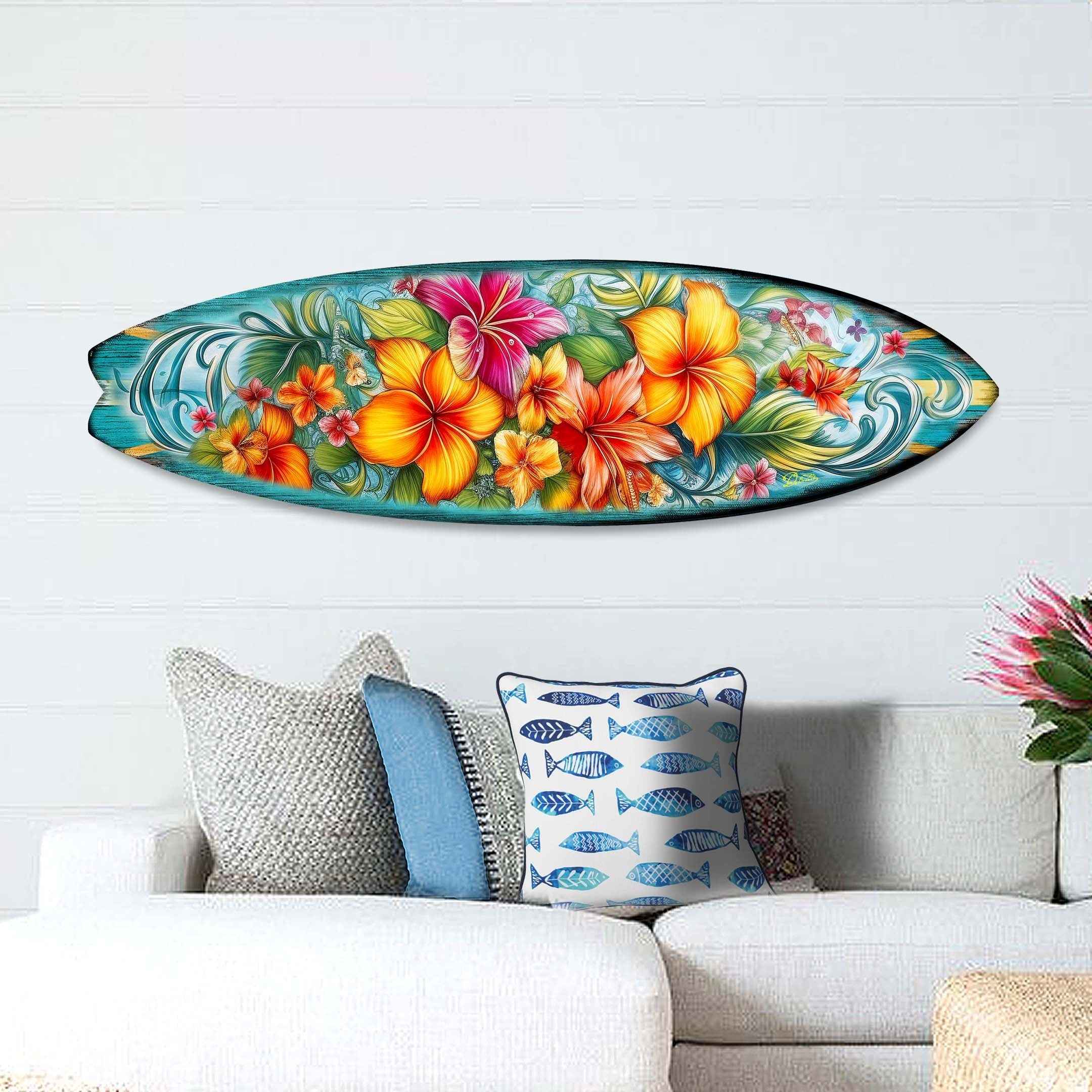 Hawaiian Flowers Surfboard Coastal Wall Art by G. DeBrekht - Coastal Holiday Decor - 8490121HS